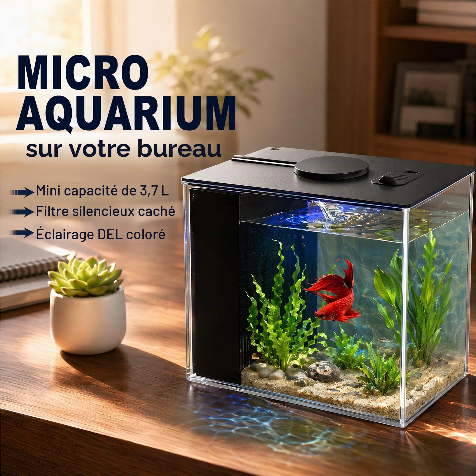 Kit de démarrage pour aquarium 3,7 l - Petit aquarium Betta en acrylique avec pompe filtrante et couvercle et éclairage LED - Pour petits poissons et crevettes