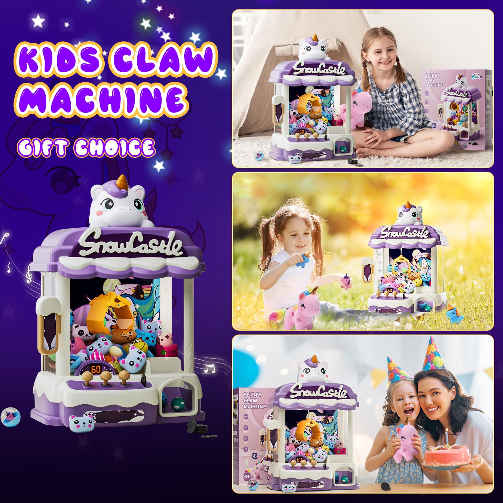 Skirfy Máquina de garras para niños, juguetes de unicornios para niñas a partir de 6 años, dispensador de caramelos, mini venta de juegos de arcade con pulsera de palmadas, regalos de cumpleaños de