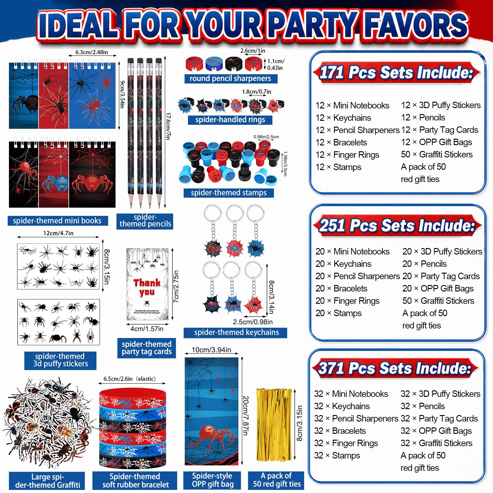 Sayglossy 251 pezzi 20 ospiti Spider Party Favors include sacchetti regalo matita notebook temperamatite braccialetto anelli portachiavi adesivi gonfi timbro per baby shower festa di compleanno