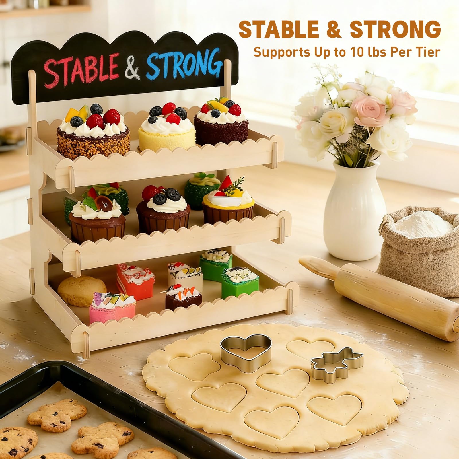 Keksständer, stabiler gestufter Plätzchenständer aus Holz mit Kreidetafel-Schild, werkzeuglose Montage für Cupcakes, Muffins, Gebäck, Marktstände und Veranstaltungen