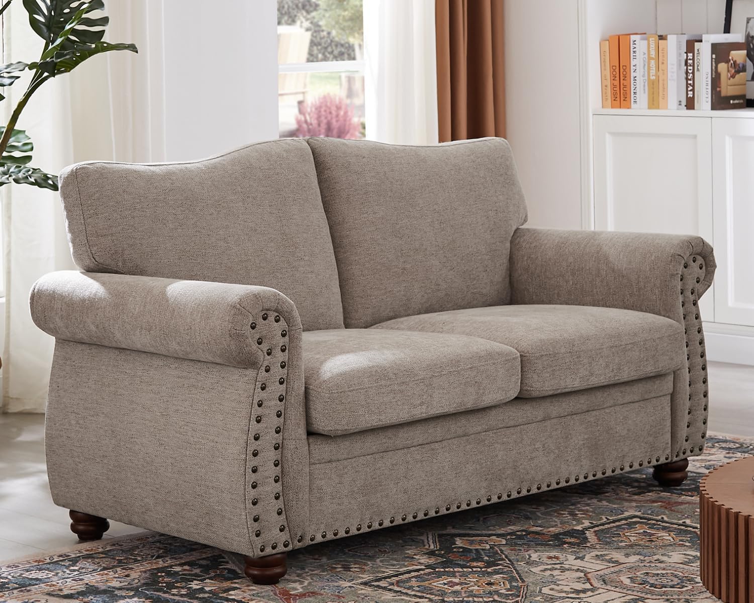 ONBRILL 66" Nailhead Trim Loveseat Sofa, Chenille Fabric 2-Seater Couch with Rolled Arms, Springs Cushions, Vintage Farmhouse Style, Beige