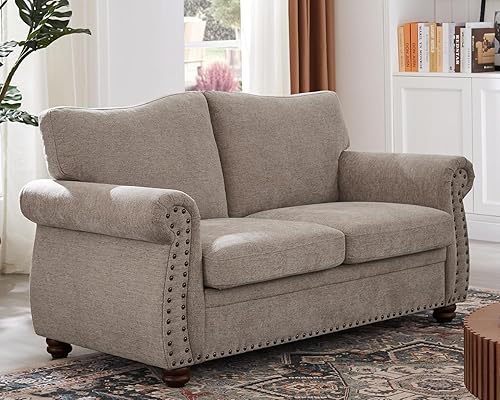 ONBRILL Sofá Nailhead, sofá pequeño de 66 pulgadas con brazos enrollados, sofá biplaza de tela de felpilla con cojín de asiento con resortes,