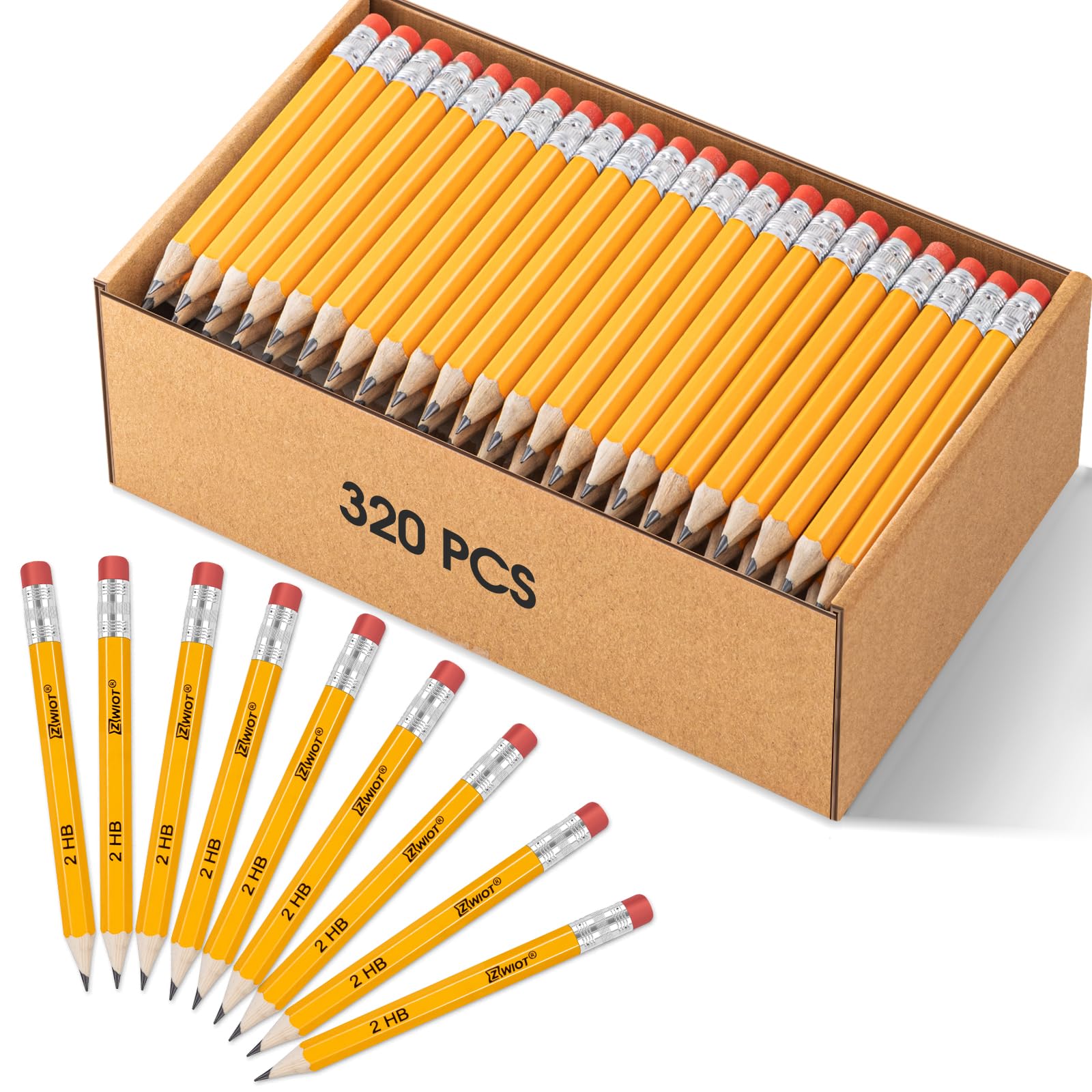 ZWlOT - Lápices de golf con borrador, #2 HB Half, mini de 4 pulgadas, preafilados, 120/200/320 lápices cortos con carcasa de madera para aula, oficina, escuela, boda y juego de fiesta (amarillo, mini