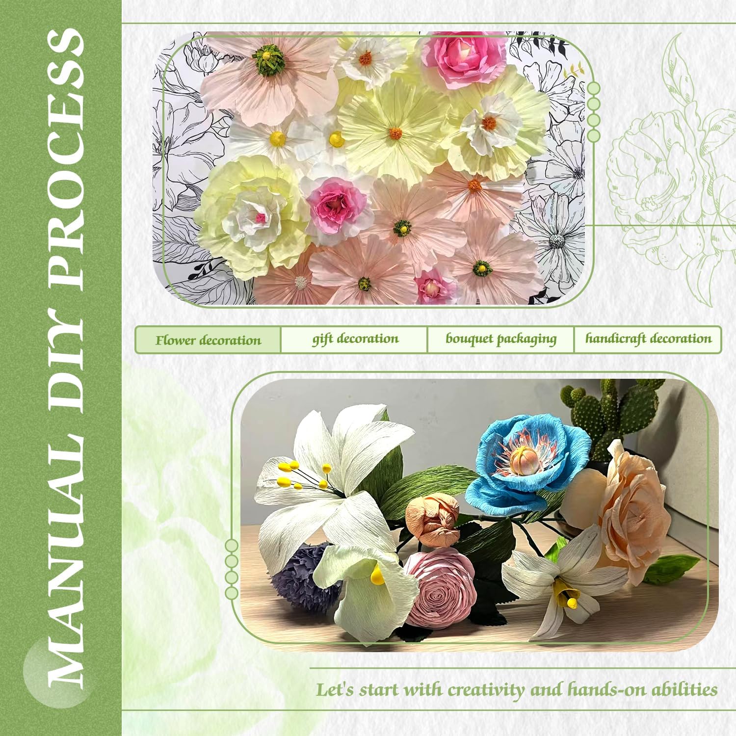 Mlurcu Crepe Paper - 6 Rolls Green Crepe Streamers, 10 Inch Wide, DIY Flower Crafts Kit for Wedding & Festival Parties