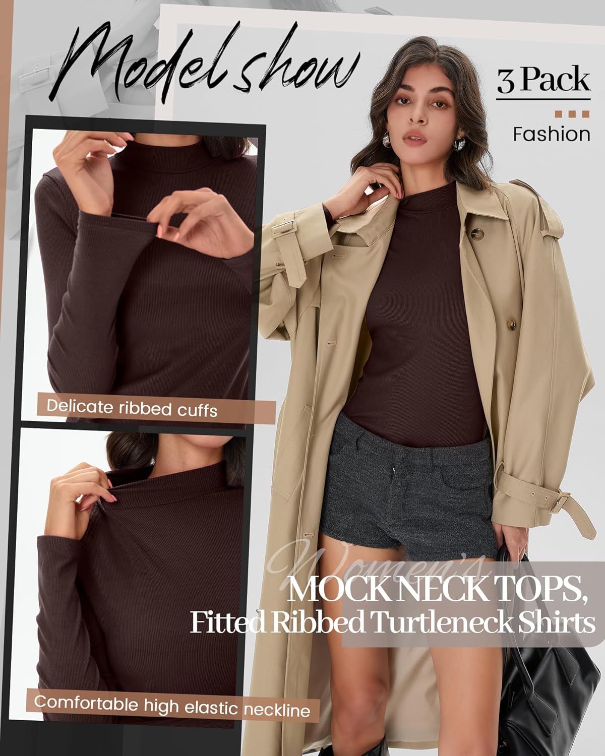 3 Pack Women's Mock Turtleneck Tops Ribbed Long Sleeve Shirts Mock Neck Slim Fit Undershirt Casual Basic Layering Tee - Image 6