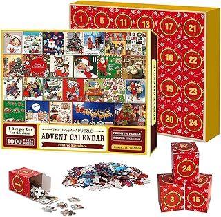 Calendrier de l'Avent, Puzzle de Noël 1000 Pièces avec 24 Boîtes Calendrier Avent Cadeau pour Enfants, Filles et Garçons