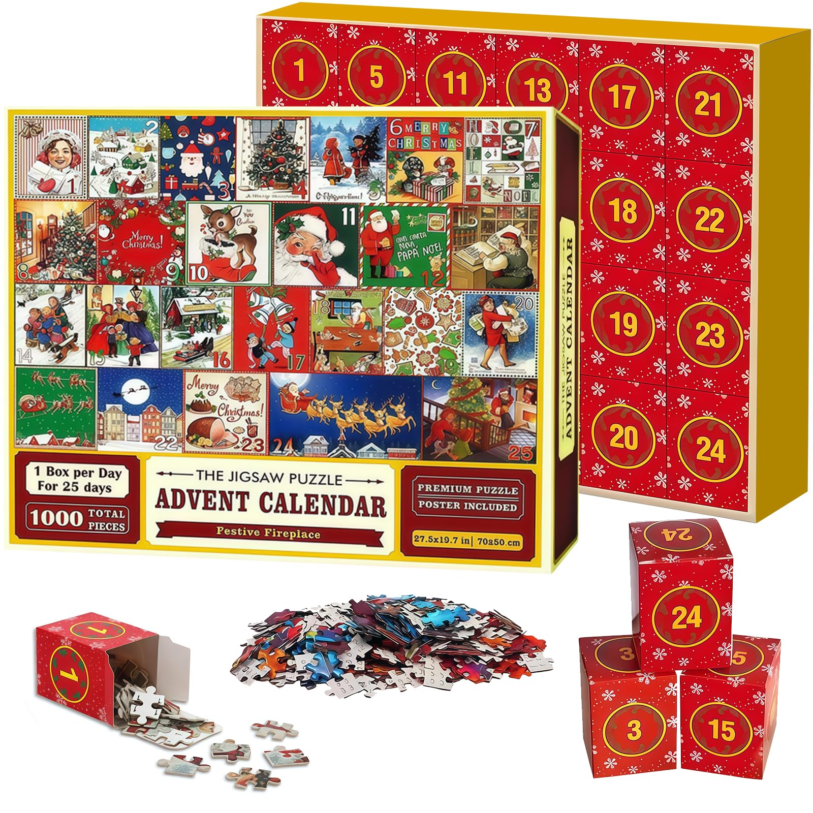 Calendrier de l'Avent, Puzzle de Noël 1000 Pièces avec 24 Boîtes Calendrier Avent Cadeau pour Enfants, Filles et Garçons