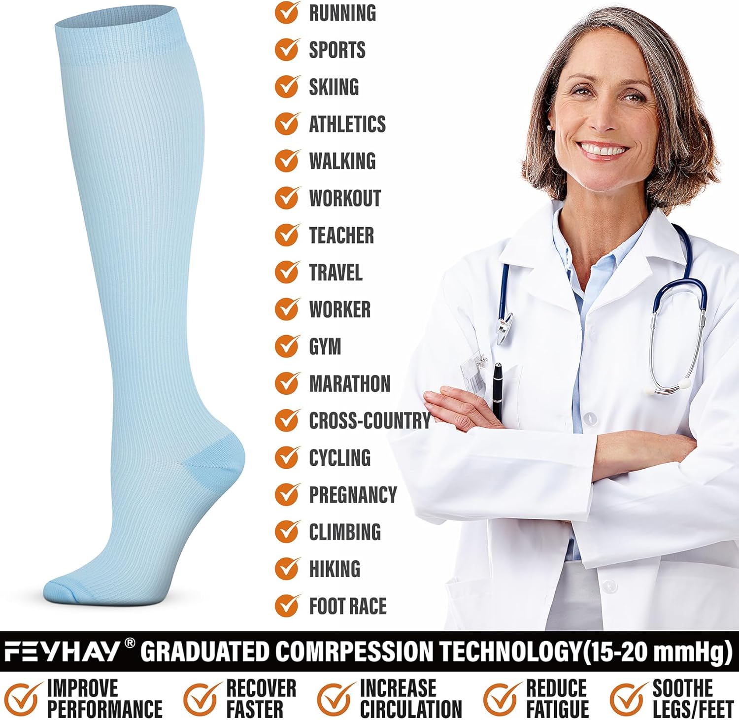 FEYHAY Copper Compression Socks (5 Pairs) 15-20 mmHg Circulation is Best Athletic & Daily for Men & Women, Running, Climbing - Image 5