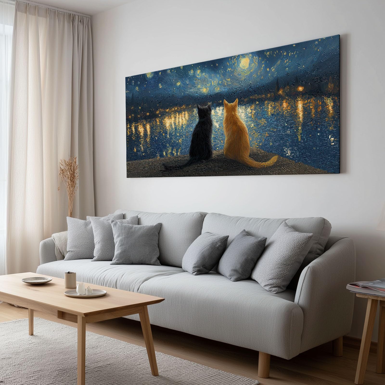 XXL Leinwandbild mit Rahmen Sternengucker Schwarz Orange Katzen, Moderne Leinwand Malerei Gemälde – Deko für Wohnzimmer Schlafzimmer Büro – Wasserfest Poster Deko 120x80 cm