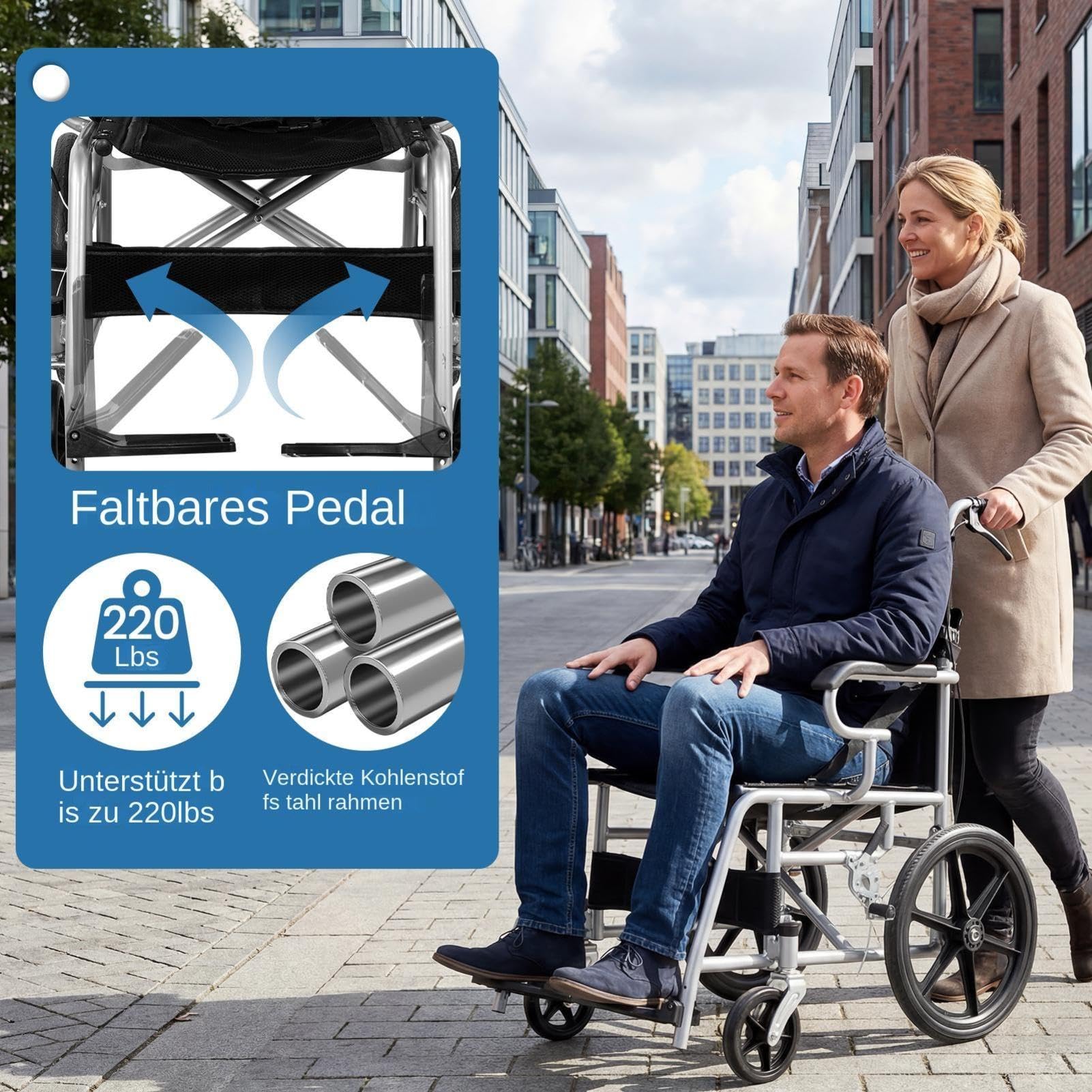 Silla de ruedas ultraligera, plegable, ligera, 100 kg, plegable y ligera, freno en las asas, silla de ruedas de viaje para discapacitados y personas mayores, apoyabrazos, ligera, asiento de 46 cm