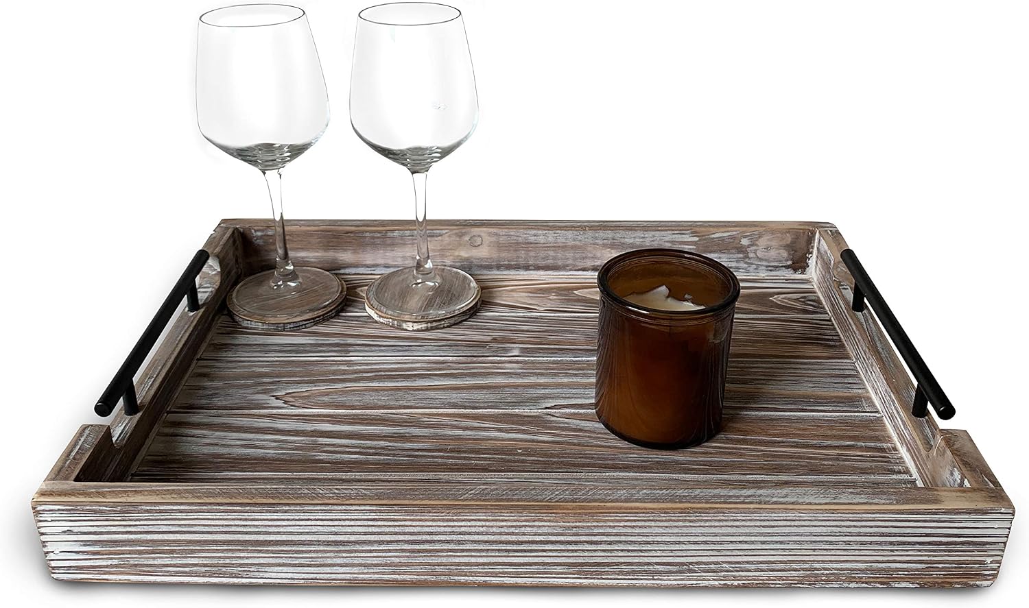 Ottoman Tray - 19.5 Inch Wooden Ottoman Tray for Serving, Extra 4 Round Coasters and Big Metal Handles, Farmhouse Coffee Table Decor for Food and Drink, Large Home Gift Trays for Living Room Ottomans