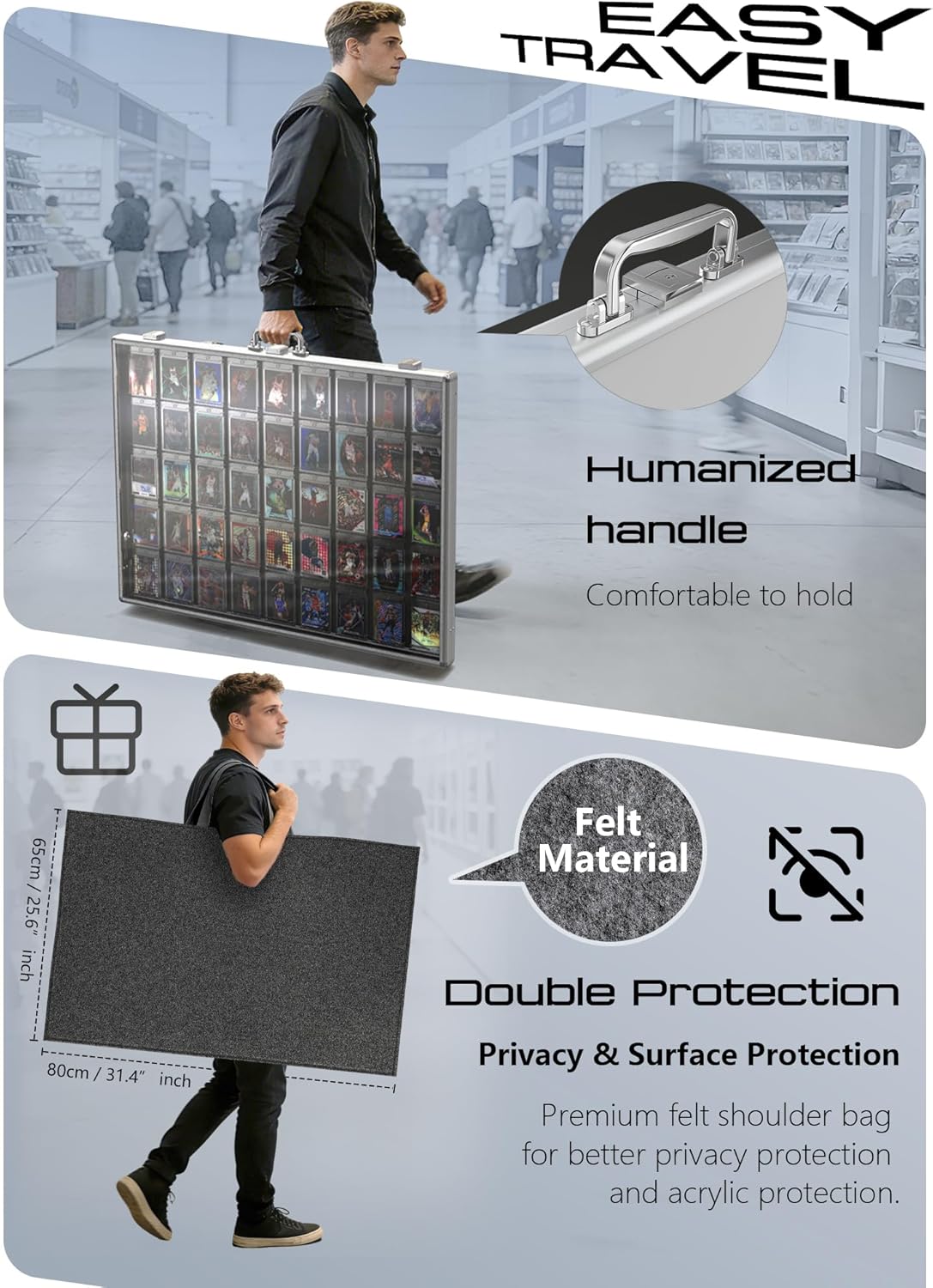 Ultra-Thin 31.4 x 23.6inch Portable Aluminum Card Display Case with Felt Tote Bag, High-Transparency Acrylic, 3 Anti Theft Locks, Sports Trading Card Show Case for Collectible Cards Jewelry Jersey
