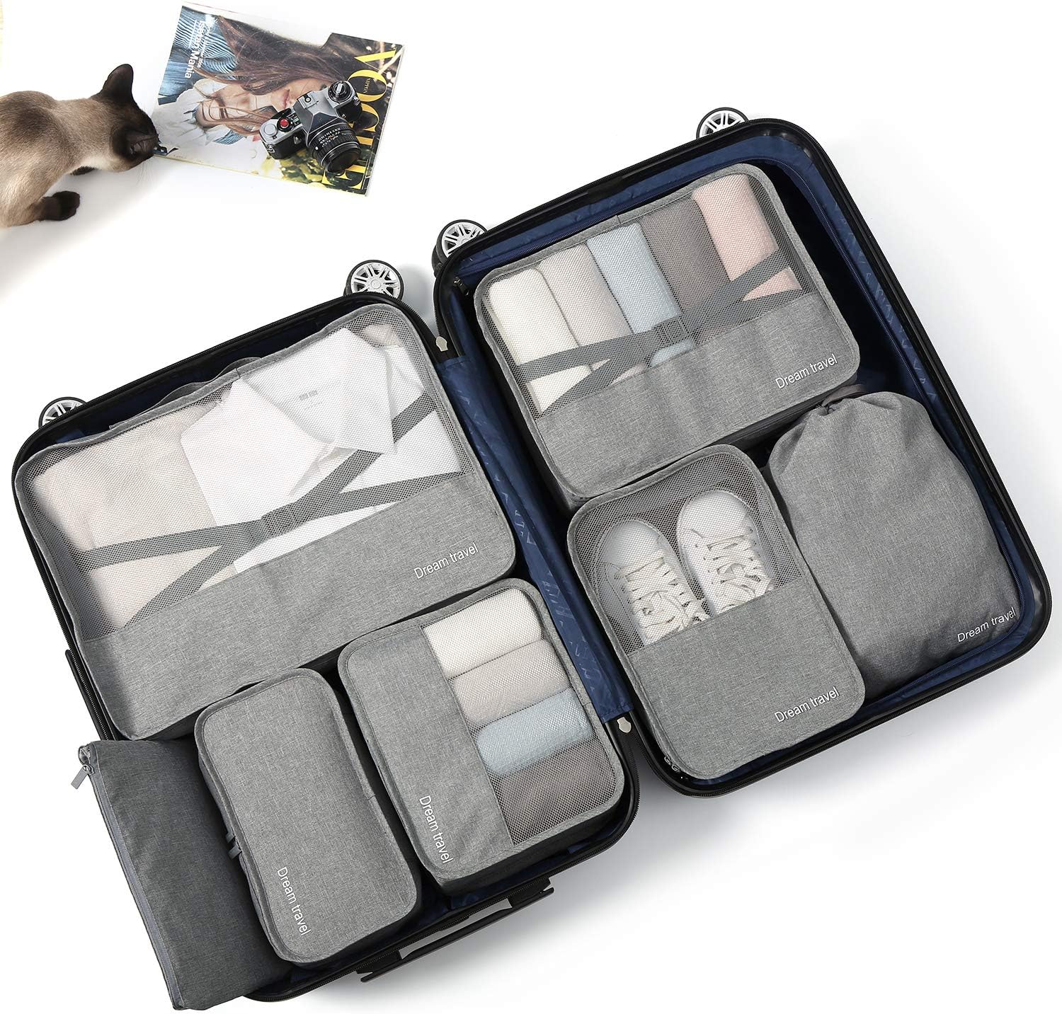 BIMNOOT Packing Cubes 7-Pcs Travel Luggage Packing Organizers Set with Laundry Bag & Shoe Bag (Grey)