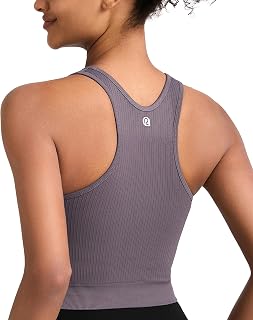 Sports Bras for Women High Impact Seamless Ribbed Longline High Neck Workout Crop Tank Tops Padded