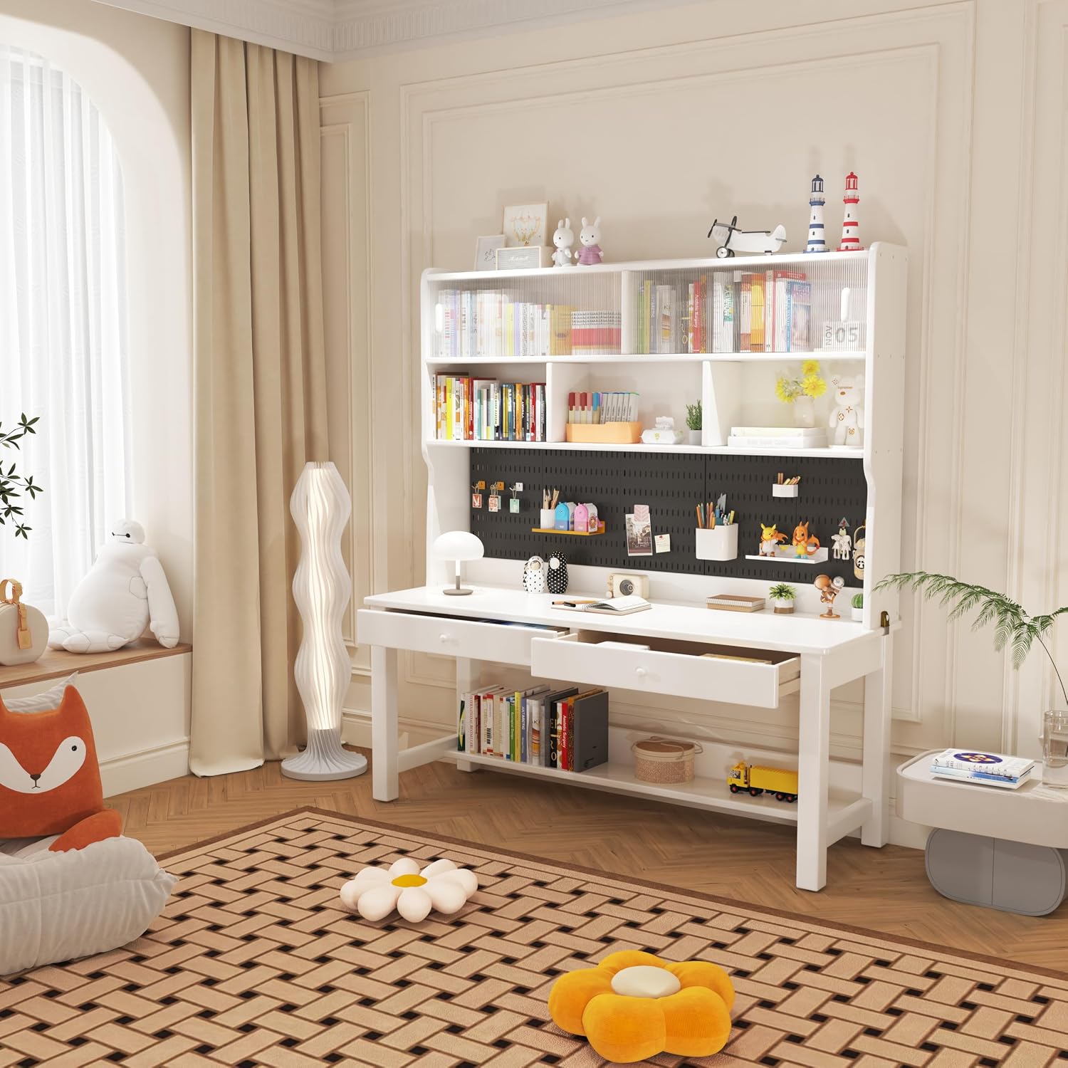 Kids Desk 63 Inch Rubber Wood Study Desk for Two Children with Hutch and Two Drawers, DIY Pegboard, Study Computer Workstation & Writing Table for Home Use(White