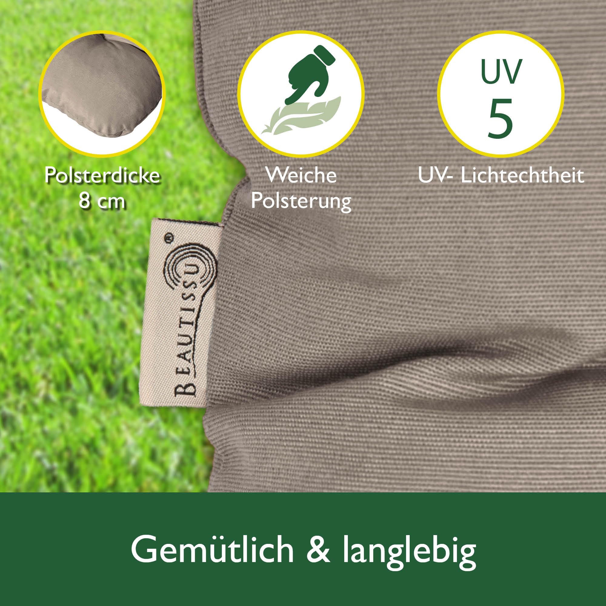 Beautissu Sitzkissen für Hollywoodschaukel 180x50x8cm Flair HS - Garten Auflage mit Zwei Kissen - Polster für Gartenbank Schaumflockenfüllung Polsterauflage Taupe