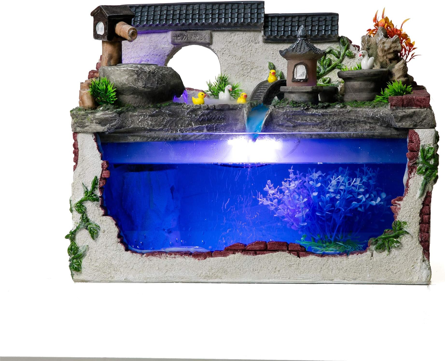 crapelles Tabletop Fountain Water Illuminated Small Fish Tank Aquarium Pond Asian Garden Style with Fog Maker LED Resin Decorative Waterfall