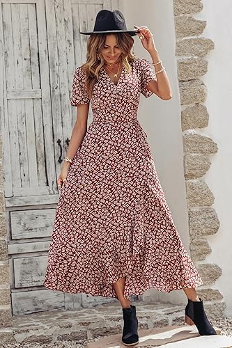 Miniatura 3 de PRETTYGARDEN - Vestido largo de verano para mujer con cuello en V, estilo bohemio, floral, manga corta, dobladillo con volantes, para playa,