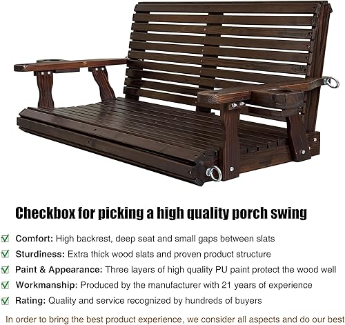 Miniatura 4 de Columpio de madera para porche de 2 plazas, respaldo alto y asiento profundo, columpio de banco con portavasos, cadenas colgantes y resortes de