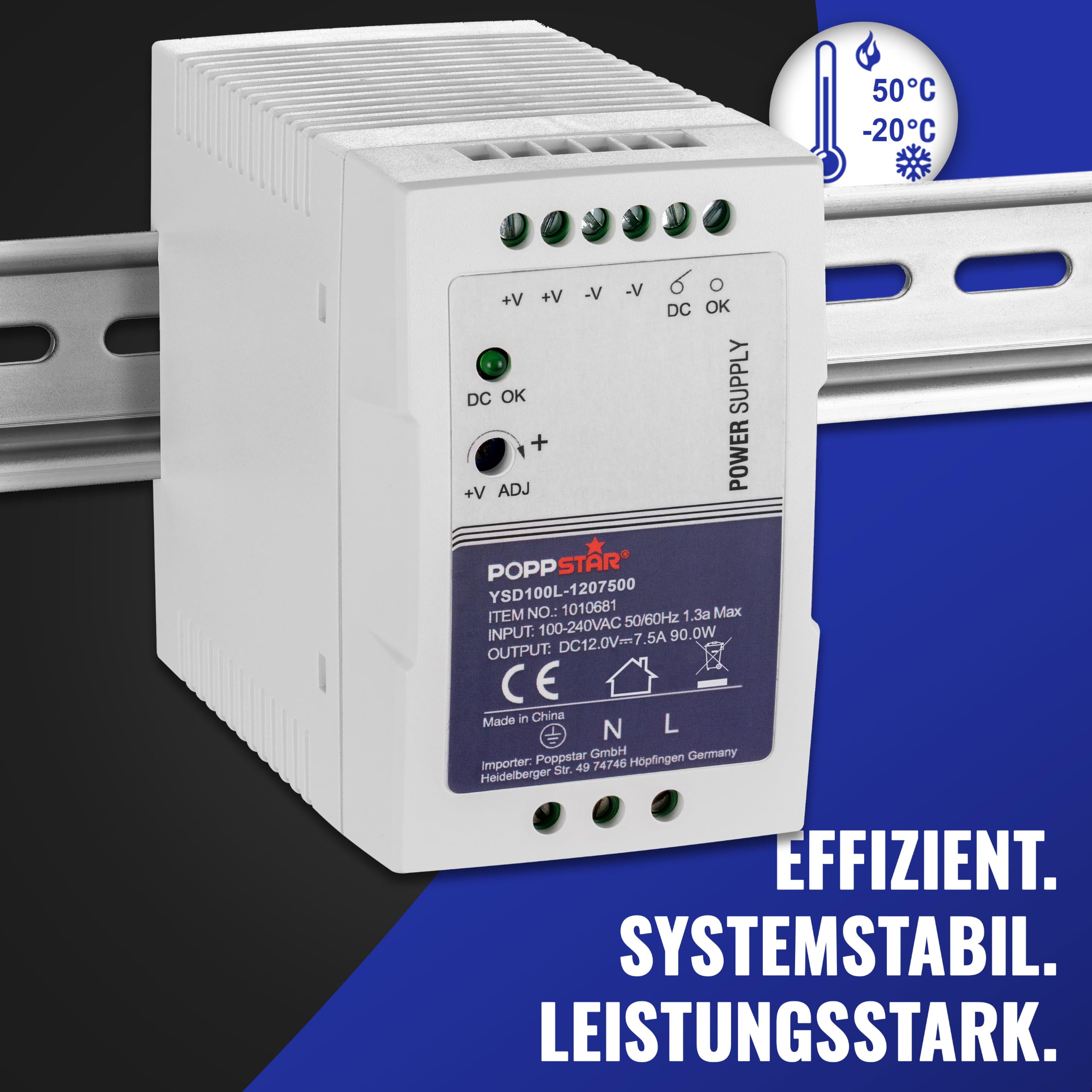 Poppstar Ultra-Slim Netzteil für Hutschiene 12V DC 7,5 A 90W DIN Rail Netzteil (90 W, mit PFC) Trafo für Hutschienen 55x100x92mm