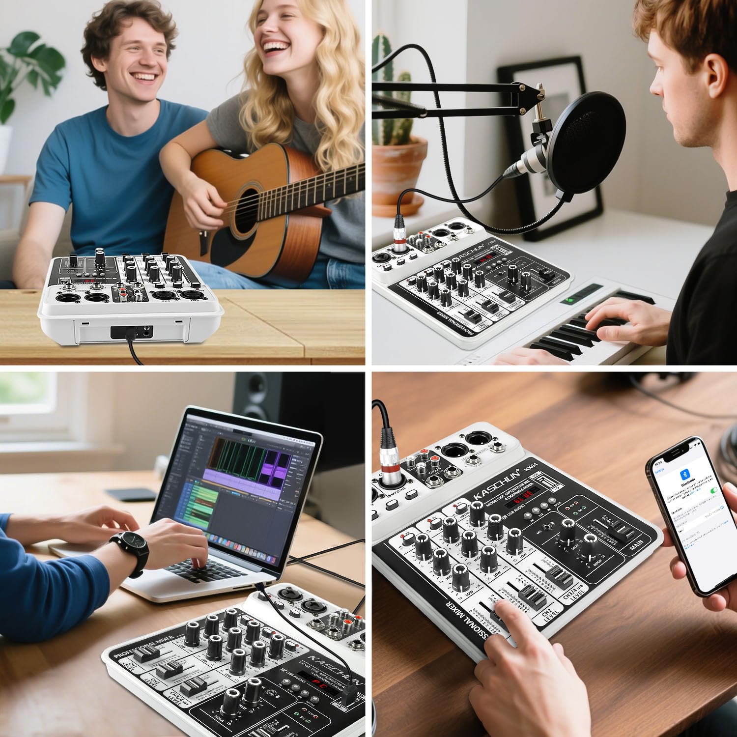 Professional DJ audio mixer, 4-channel DJ mixer, Bluetooth sound mixer, supports USB/MP3/BT computer input, 48V phantom power stereo studio audio mixer suitable for DJ studio streaming recording