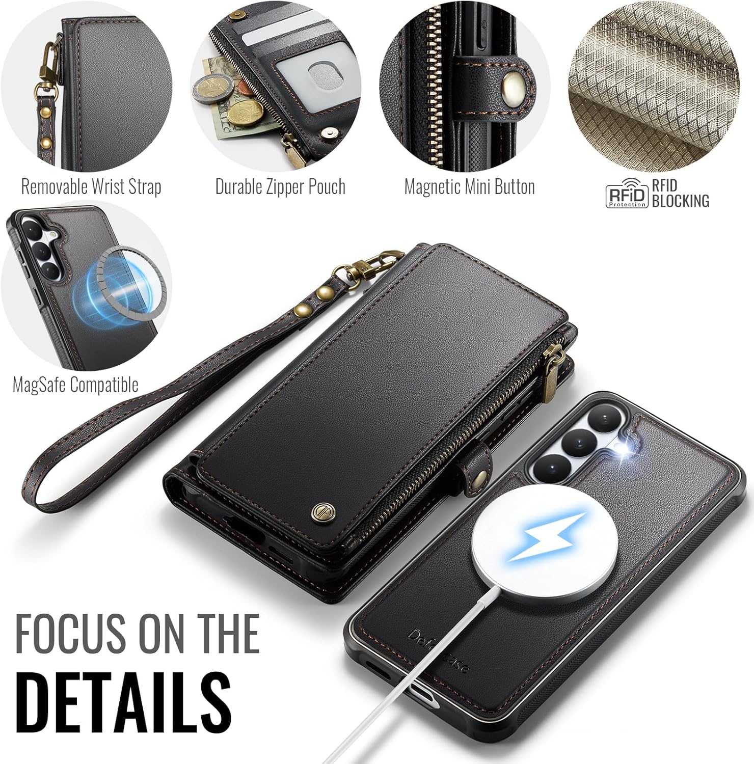 Defencase for Galaxy S26 Magnetic Wallet Case Compatible with Magsafe with RFID Blocking Zipper & Card Holder for Women Men, PU Leather Detachable Phone Case for Samsung Galaxy S26 6.3 inches, Black