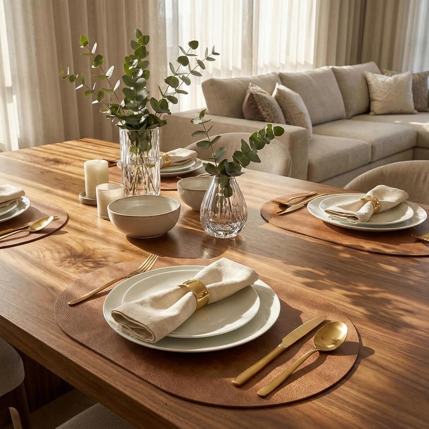 Oval Placemats 2mm Ultra Thick Faux Leather Table Mats, Heat Resistant Waterproof Wipeable Dining Mats for Kitchen Table, Set of 6, Light Brown