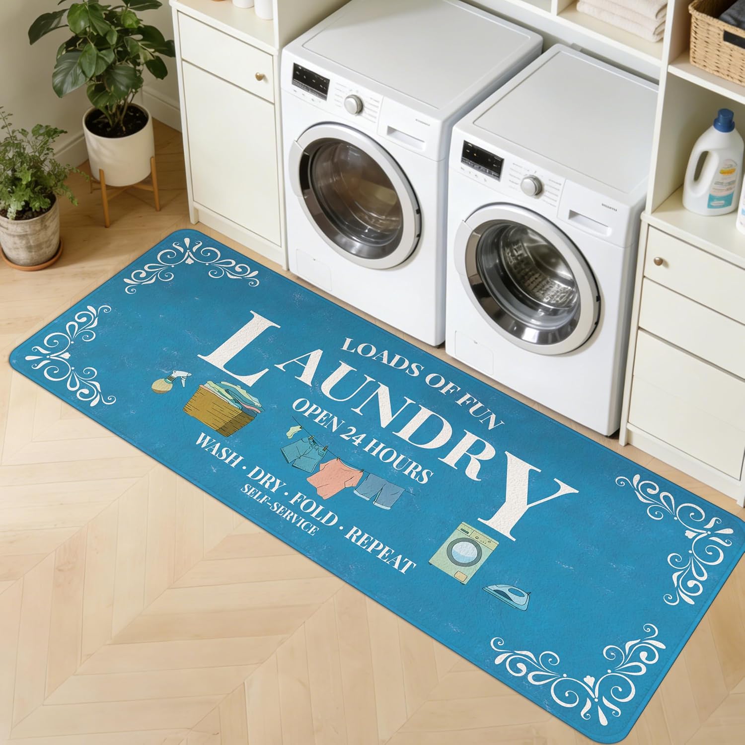 Washable Laundry Room Rug, 20"X59" Non Slip Laundry Mat Runner Soft Low-Pile Laundry Room Organization Farmhouse Decor Area Rug for Entryway Hallway Kitchen Bathroom Blue