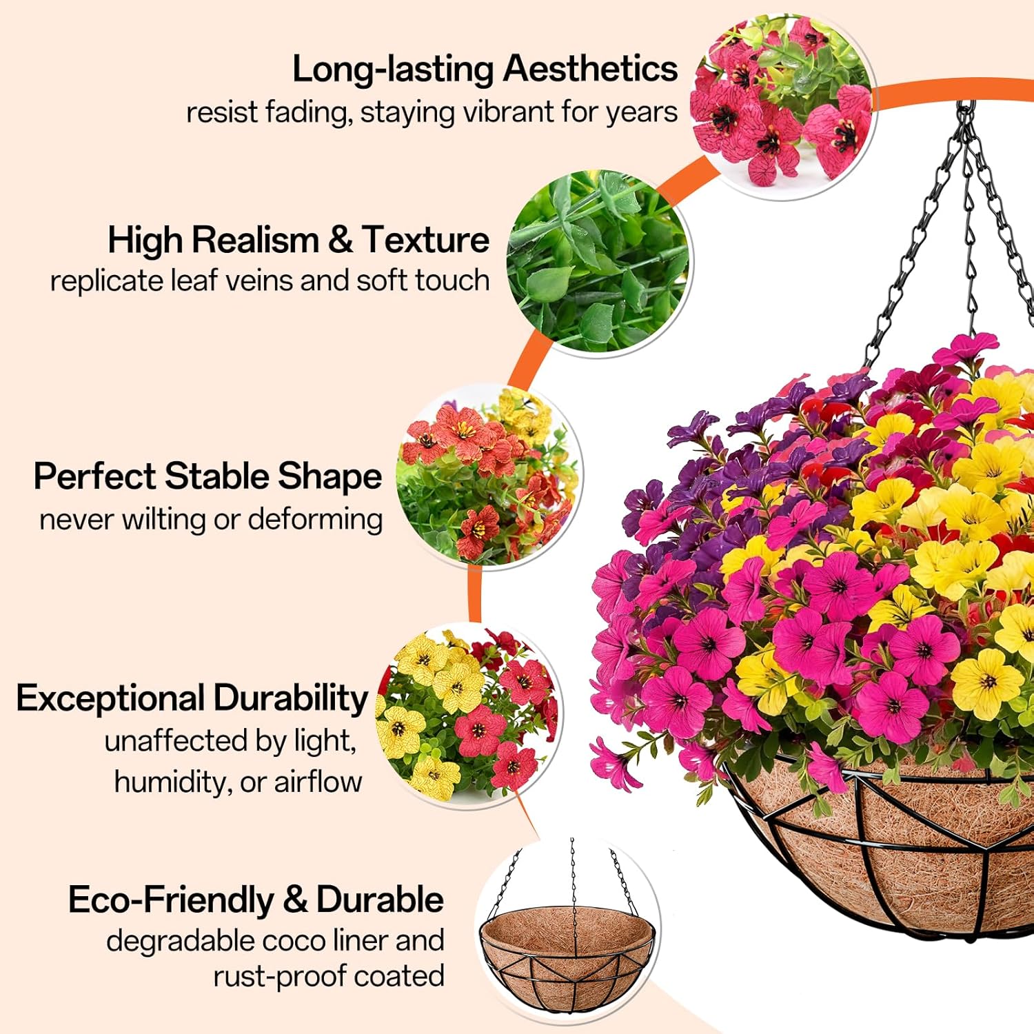 Halatool Hanging Baskets with Artificial Flowers, Sturdy Hanging Basket with Coconut Liner & 12 PCS Colorful Fade-resistant Faux Flowers for All Season Home Decor Porch Patio Balcony Yard Gift for Mom