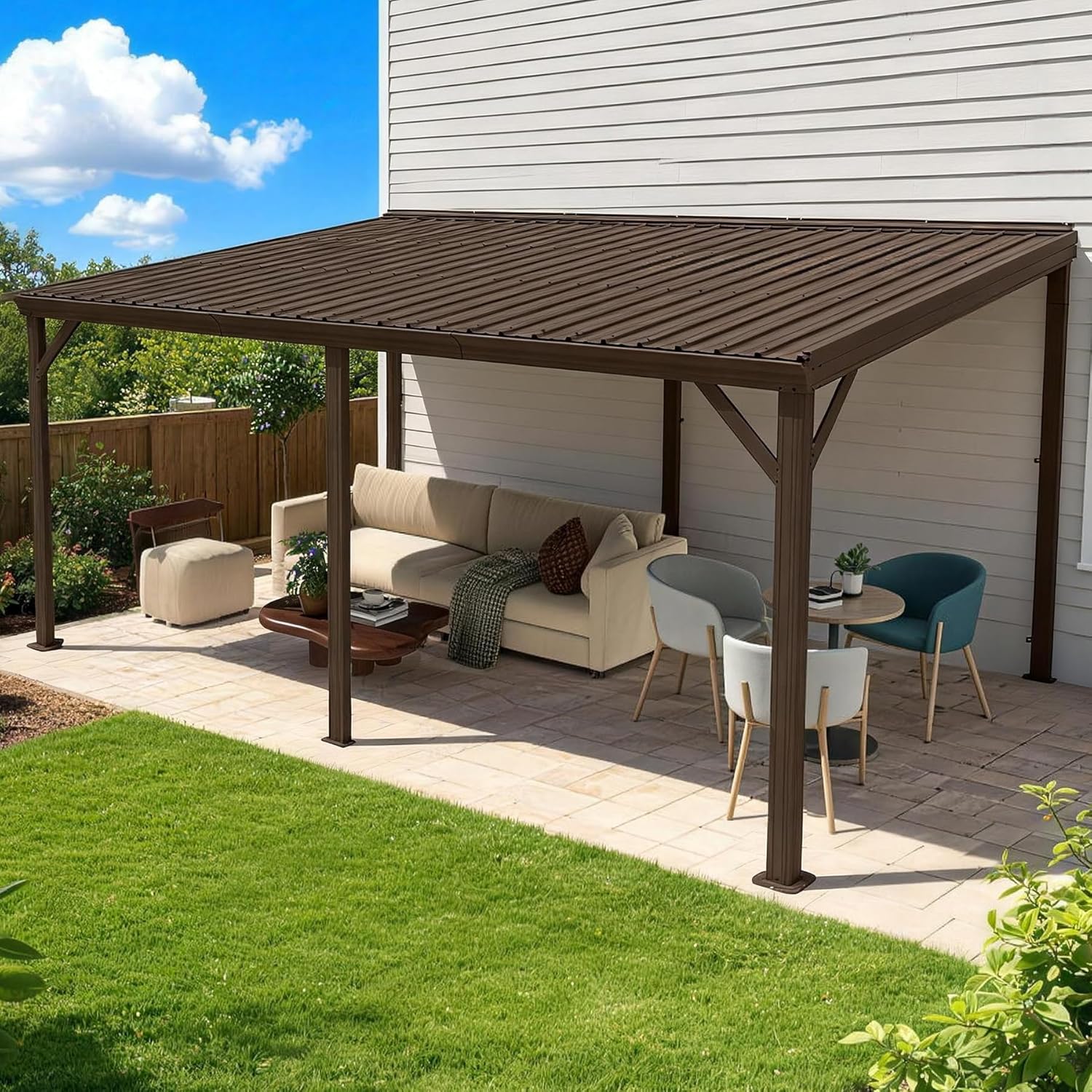 10x10FT Lean to Gazebo, Outdoor Hardtop Wall Mount Gazebo with Gutter & Sloping Galvanized Steel Roof, Metal Hard Top Awnings for Deck, Porch, Backyard