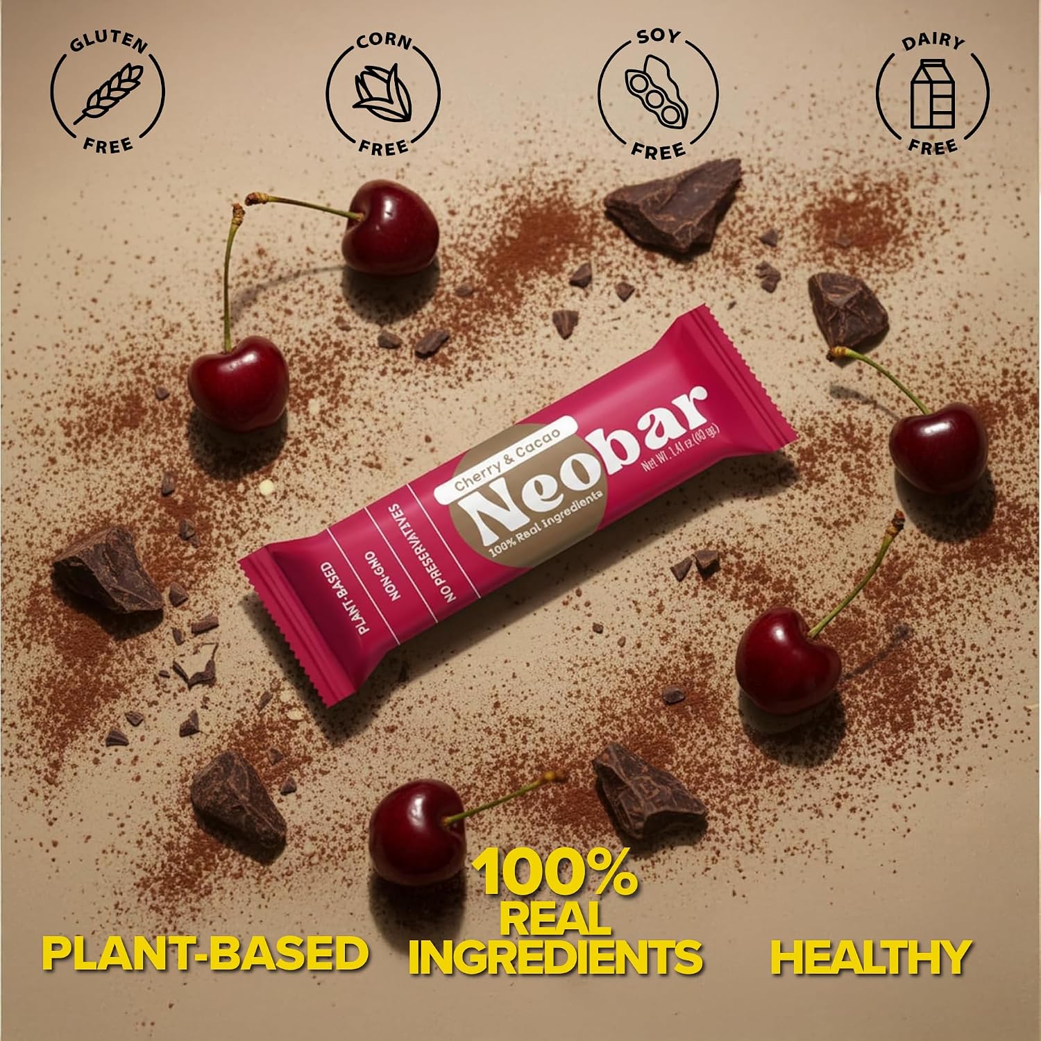 NEOBAR Cherry Cacao Fruit and Nut Bars - Plant-Based Vegan Snack Bars, Gluten Free Dairy Free Snacks, No Added Sugar, No Preservatives, Non-GMO | 12 Count thumbnail