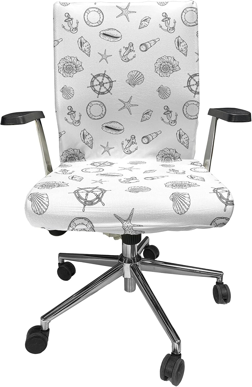 Ambesonne Sea Shells Office Chair Cover, Hand Drawn Monochrome Nautical Elements Helm Anchor Starfish Design, Stretchable Decorative Universal Size High Back Printed Slipcover, White Charcoal