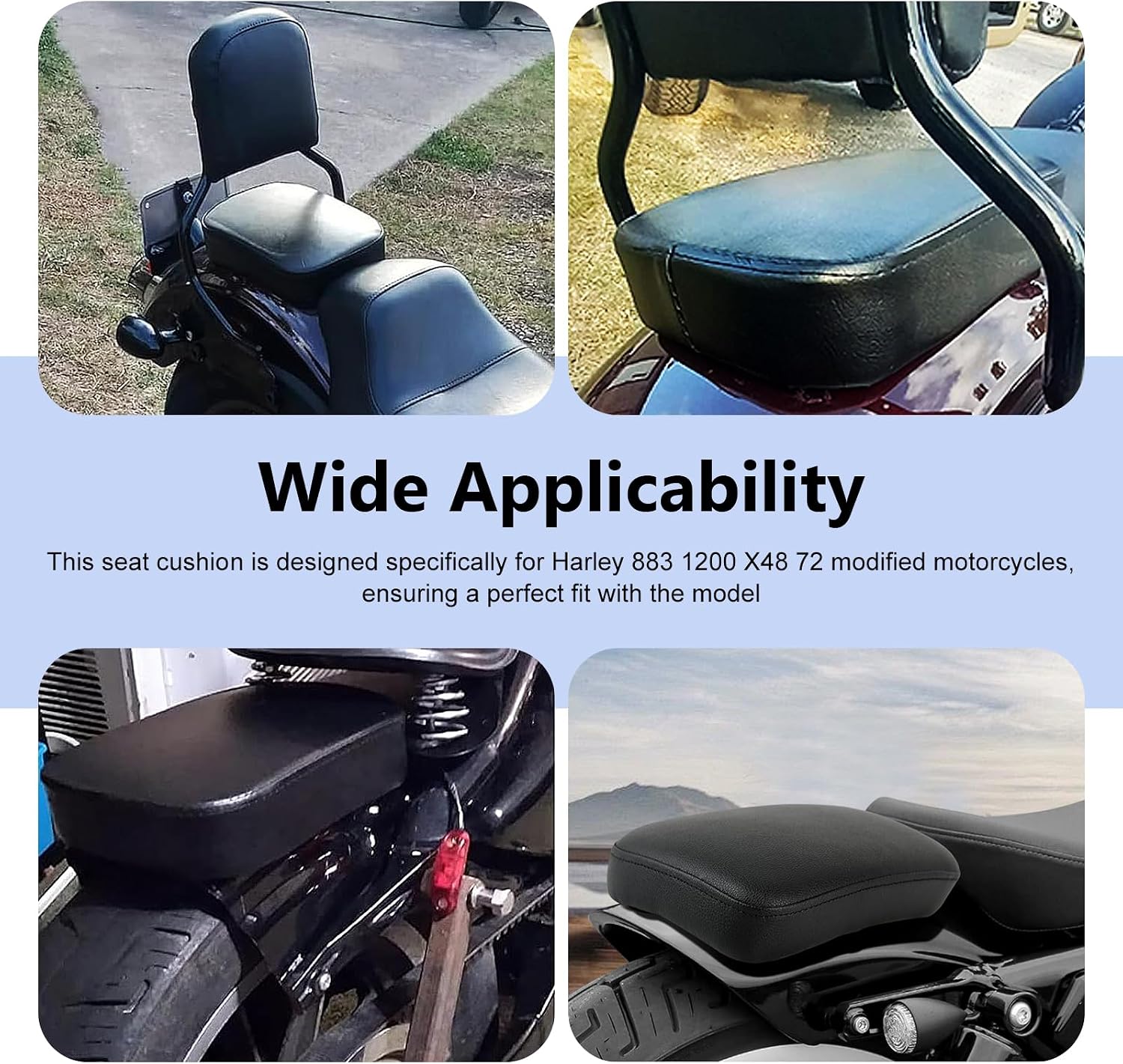 Motorcycle Seat, Comfortable Shock Absorption Rectangular Passenger Pad, Suction Cup Quick Disassembly Rear Seat Cushion, Compatible with Motorcycle Harley Modified 883 1200 X48 72 (Black)