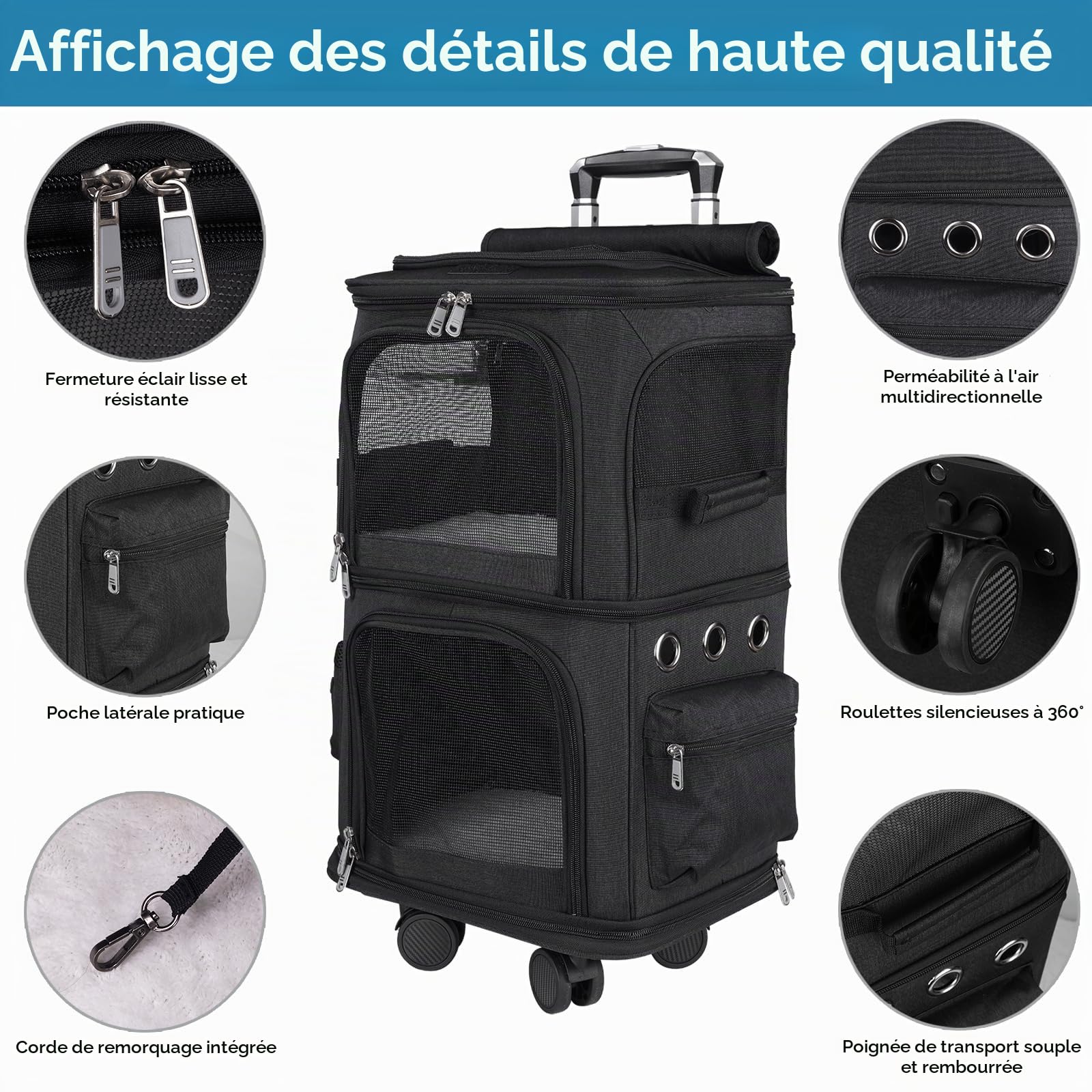 Sac à Dos Double 2 en 1 pour Petits Chats et Chiens Sac à Dos de Transport à Double Compartiment a roulettes Sac Transport Chat pour Les Voyages,Randonnée,Camping, Grande Taille (Noir)