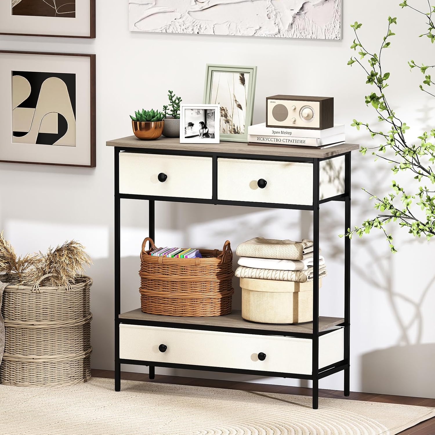 GOFLAME 32” Narrow Console Table with 3 Fabric Drawers, Behind Couch Sofa Table with Storage, Wooden Top & Metal Frame, Farmhouse Entryway Tables for Living Room, Hallway, Gray Oak & Beige