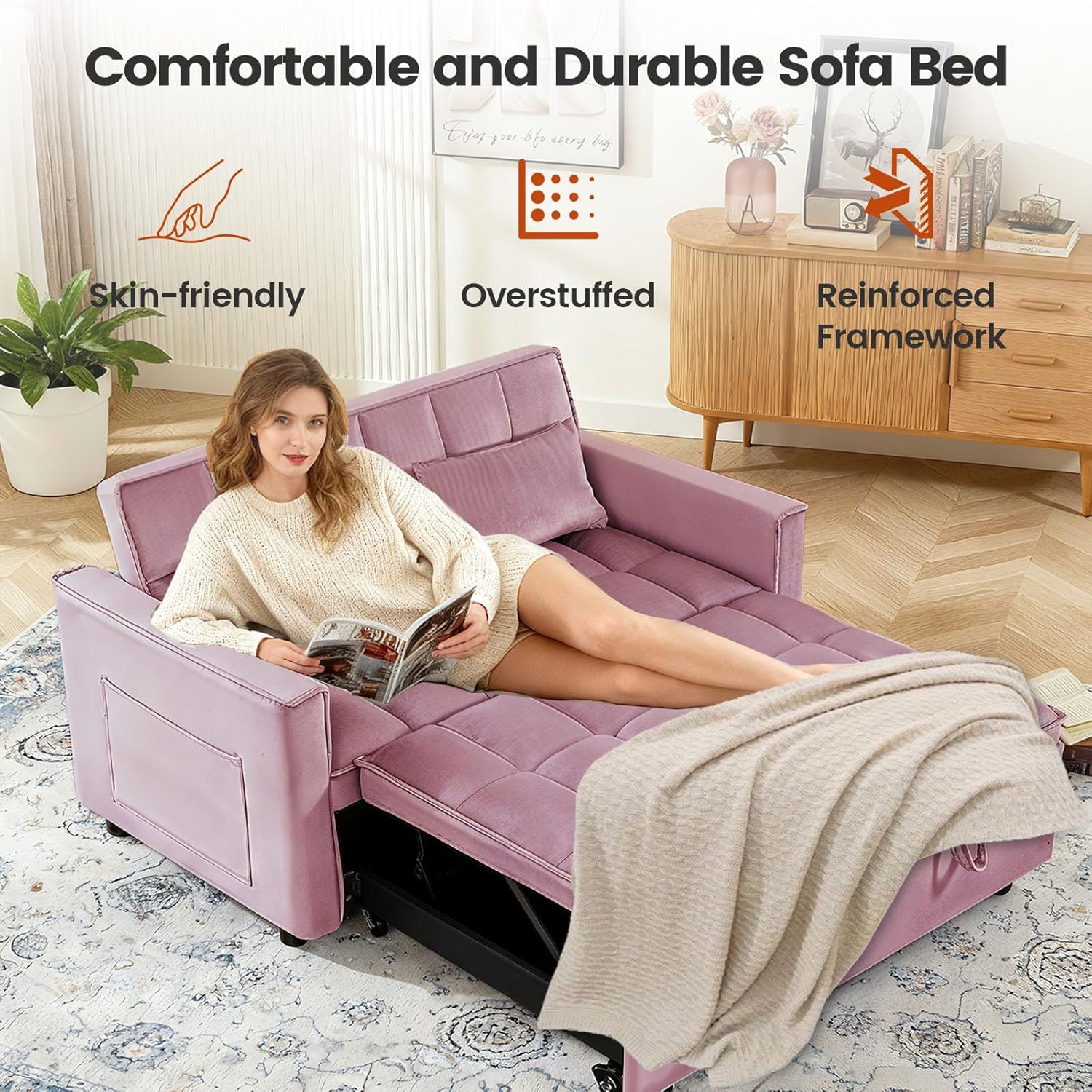 Convertible Sofa Bed, Pull Out Couch with Side Pockets, 3 in 1 Velvet Fabric Loveseat Sleeper Sofa Bed, Pull Out Couch with Adjustable Backrest for Living Room, Bedroom, Apartment, Pink