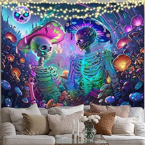 Miniatura 5 de LZBXBXDA Tapiz para amantes de esqueletos de luz negra, tapiz de hongos, tapiz de plantas de fantasía, tapiz de hongos que brilla en la oscuridad,