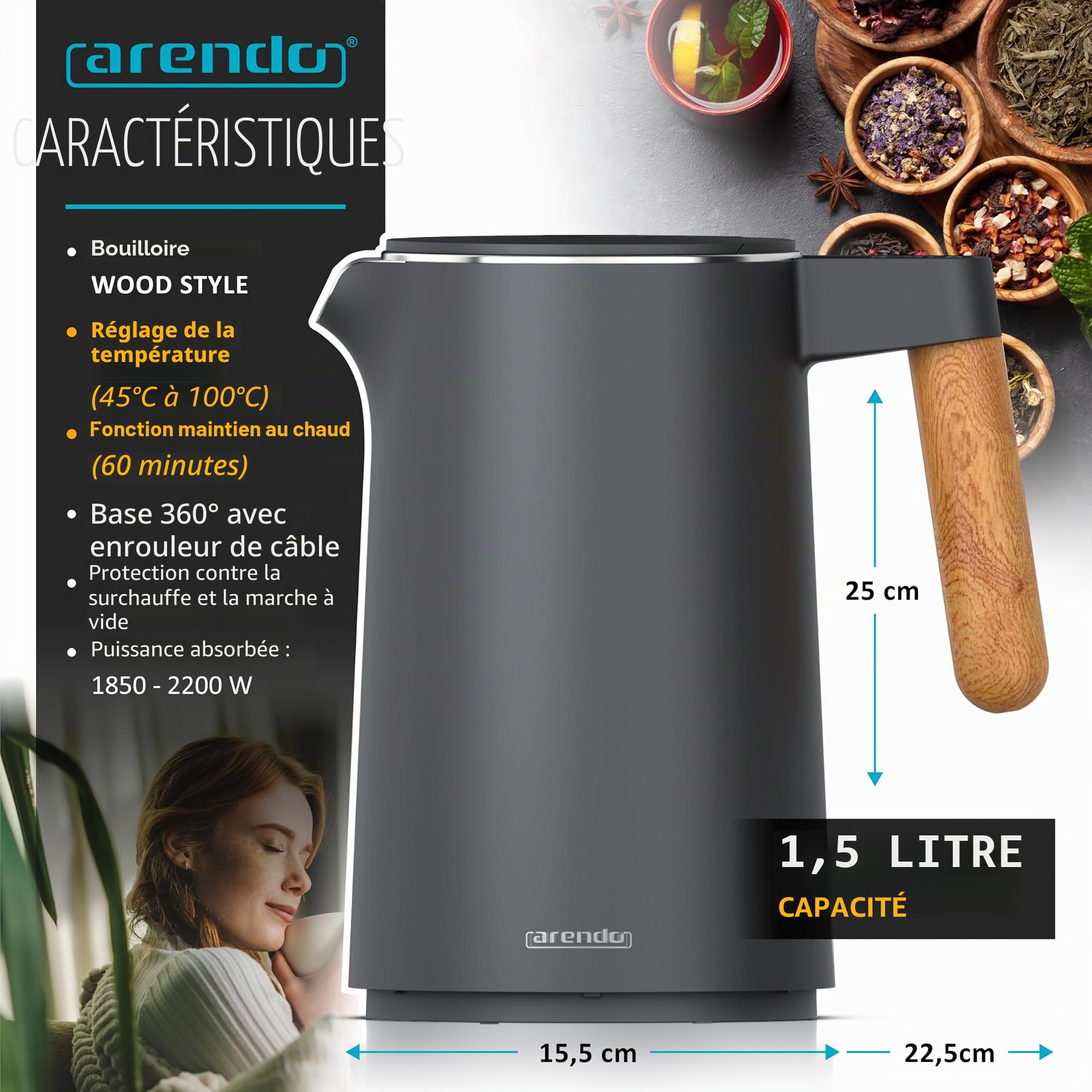 Arendo - Bouilloire en acier inoxydable avec réglage de la température - 45 °C - 100 °C - 1,5 l - double paroi - sans BPA - Fonction maintien au chaud - Cuiseur à thé avec indicateur de température