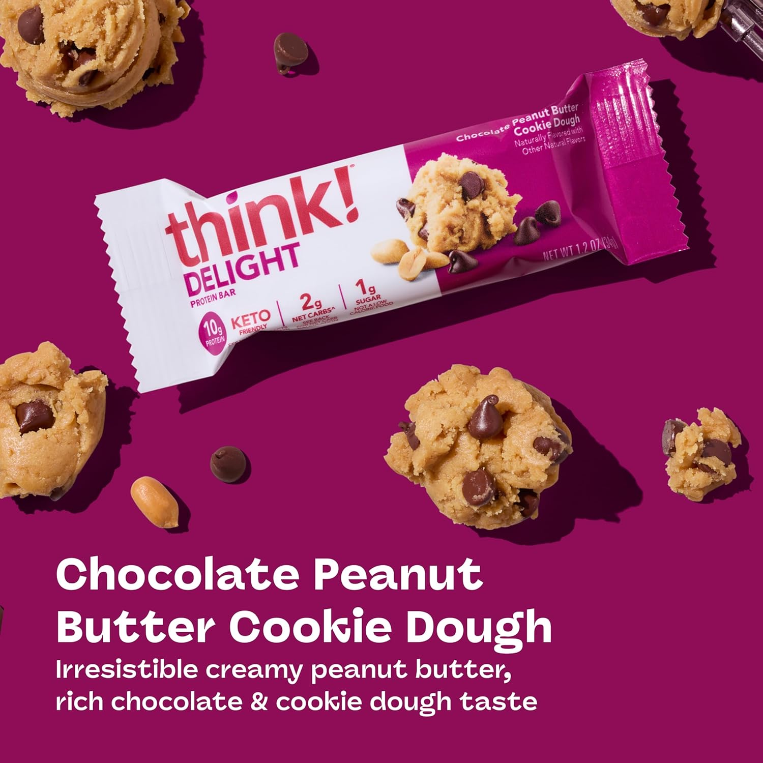 think! Delight, Keto Protein Bars, Healthy Low Carb, Gluten Free Snack - Chocolate Peanut Butter Cookie Dough, 10 Count (Packaging May Vary)