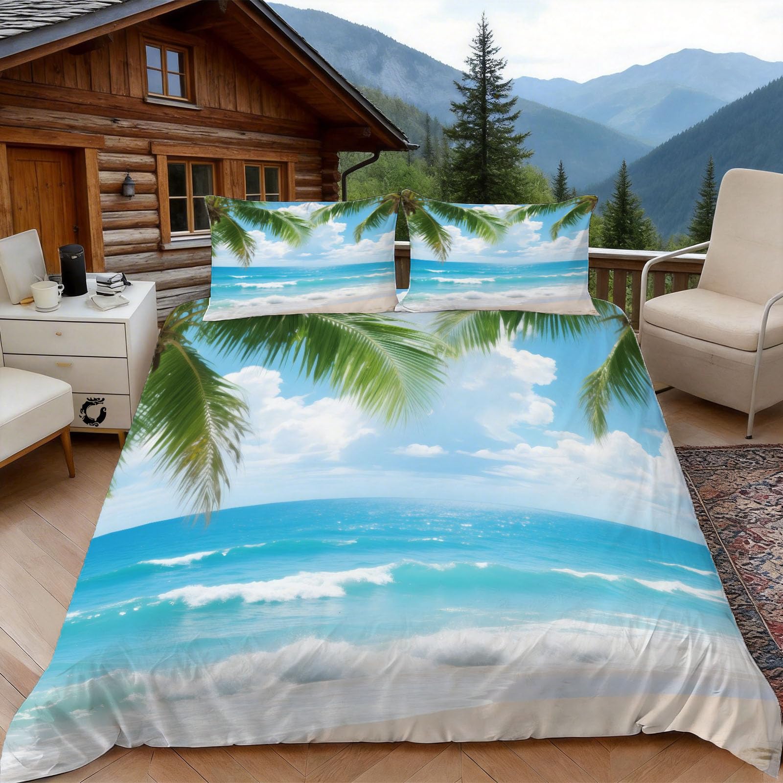 Housse de couette 220x240 plage tropicale en microfibre respirante avec taies