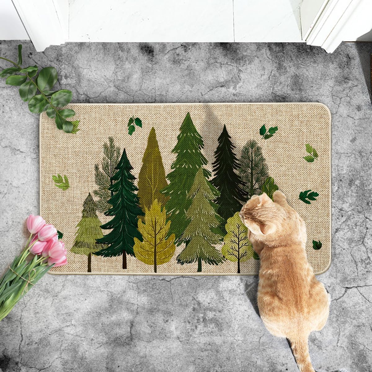 Artoid Mode Pine Tree Leaves Forest Summer Doormat, Home Decor Low-Profile Switch Rug Door Mat Floor Mat for Indoor Outdoor 17x29 Inch