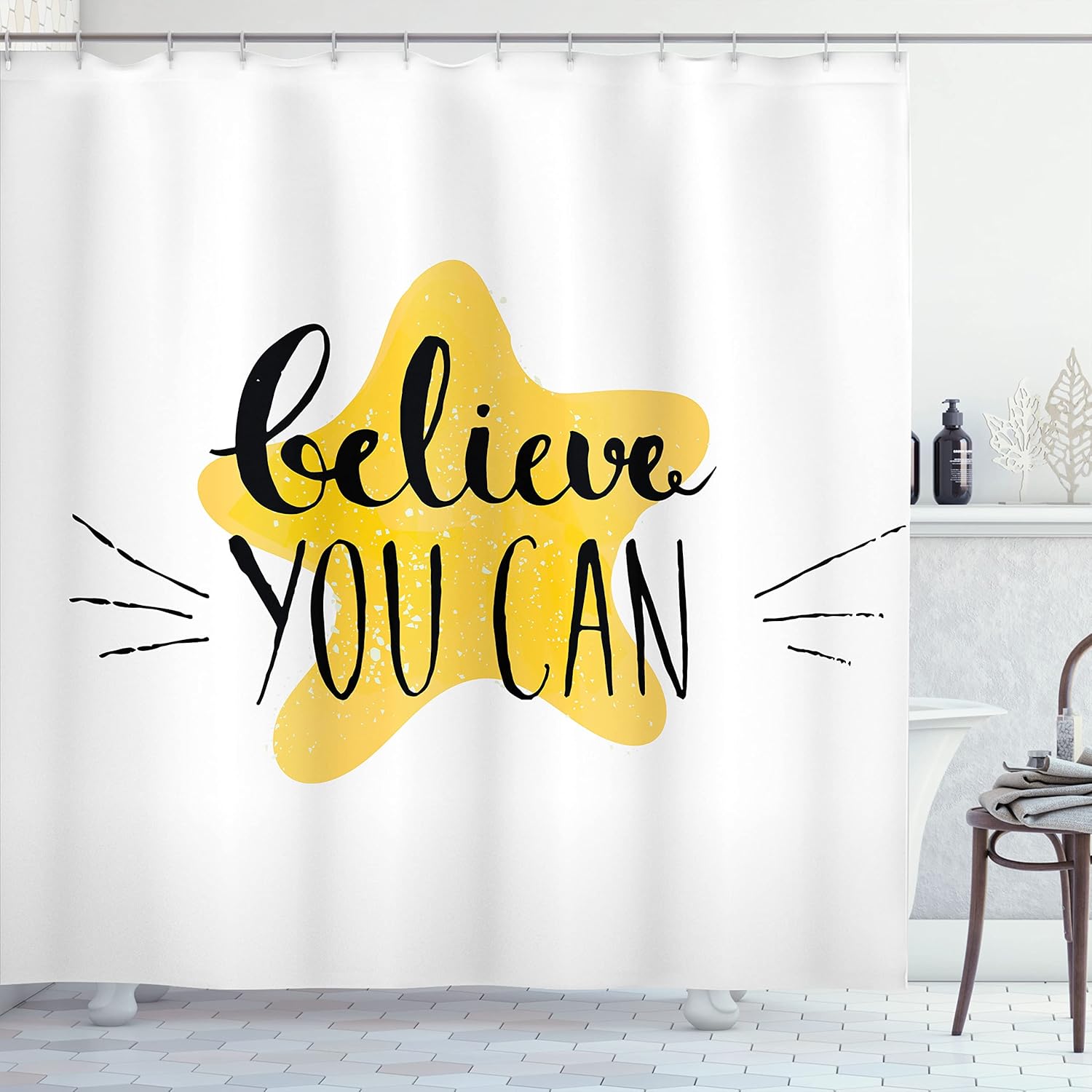 Ambesonne Modern Shower Curtain, Believe You Can Inspirational Words on Star for Life Wisdom Words Concept Image, Cloth Fabric Bathroom Decor Set with Hooks, 69" W x 75" L, Yellow Black