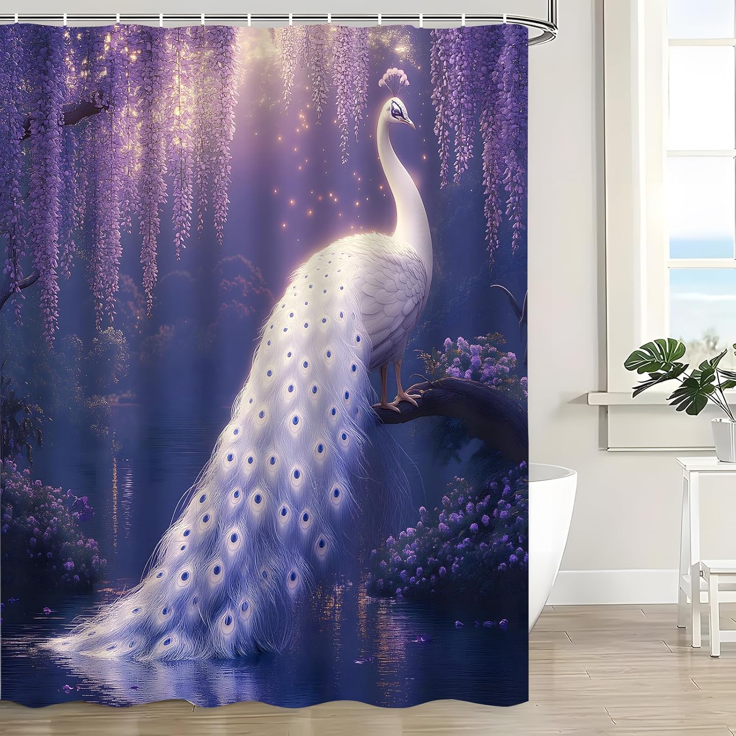 Peacock Shower Curtain Spring Purple Floral Fantasy Forest Beautiful Asian Bird Nature Scenery Flower Plant Elegant Animal Bath Decor Curtain with Hooks, 70x78 Inch