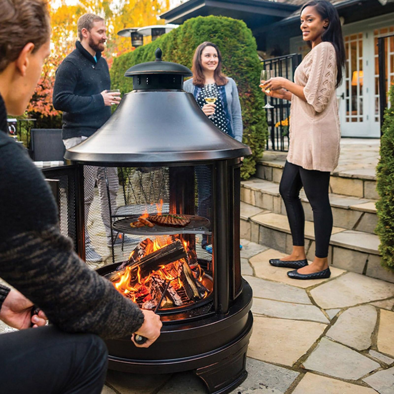 WEIMILOR 49.5" H x 30.5W Pagoda Fire Pit, Square Wood Burning firepit, Outdoor Fire Pit Fireplace with Cooking Grill,for Garden Backyard Courtyard BBQ