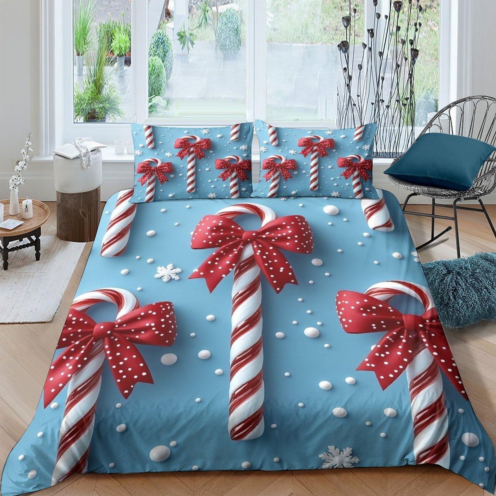 Ctjqhvkz Style-4 3D Printed Candy Cane Fitted Sheet Microfiber Soft Blue Christmas Bow Mattress Cover For Bedroom Guest Room Easy Care Single（135X200cm）