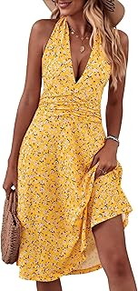 Women's Summer Sundress Sleeveless Halter Neck Spring 2025 Floral with Pocket Elastic Waist Ruffle Mini Dresses