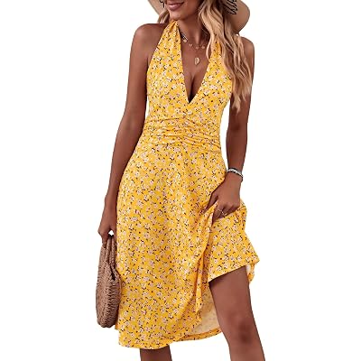HUHOT Women's Summer Sundress Sleeveless Halter Neck Spring 2026 Floral with Pocket Elastic Waist Ruffle Mini Dresses