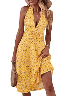 HUHOT Womens Summer Sundress Sleeveless Halter Neck Spring 2025 2026 Floral with Pocket Elastic Waist Ruffle Mini Dresses