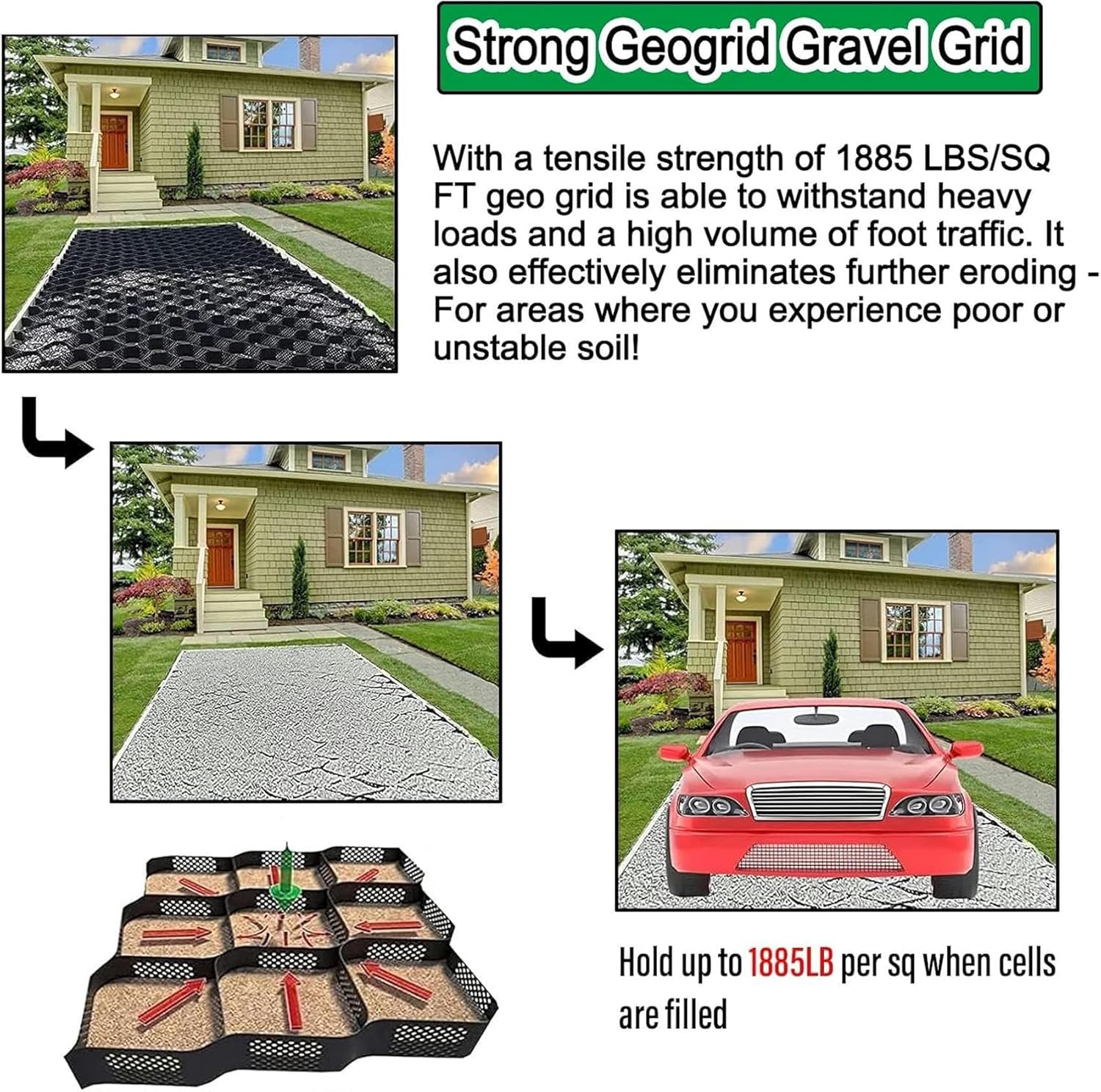 Sidewalks Ground Grid Stabilizer 2 Inch for Gravel/Cement/Sand，Polyethylene 3.3ft/ 6.6ft/ 10ft/ 13ft/ 16ft/ 20ft, Retaining Wall Stabilizer Dirt Storage Locker for Shoulder~/