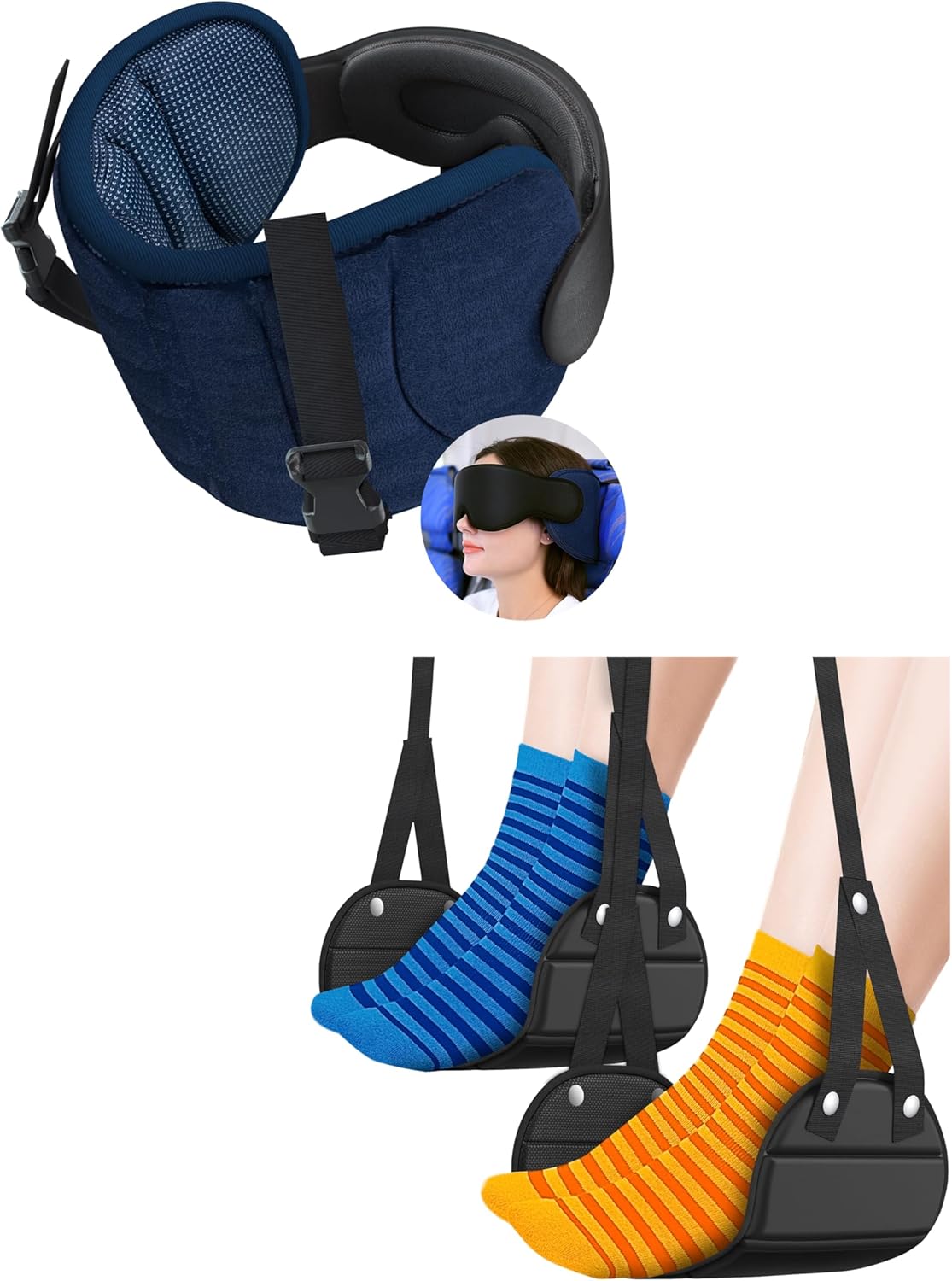 Travel Pillows and Airplane Foot Hammock for Long Flight, Travel Essentials, 360° Support Headrest, Stop Bobblehead, Foot Rest